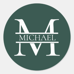 Sticker Rond Élégant Monogramme et nom Emerald Green Personnali
