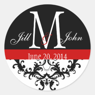 Sticker Rond Élégant Monogramme et torsades Mariage Sceau rouge