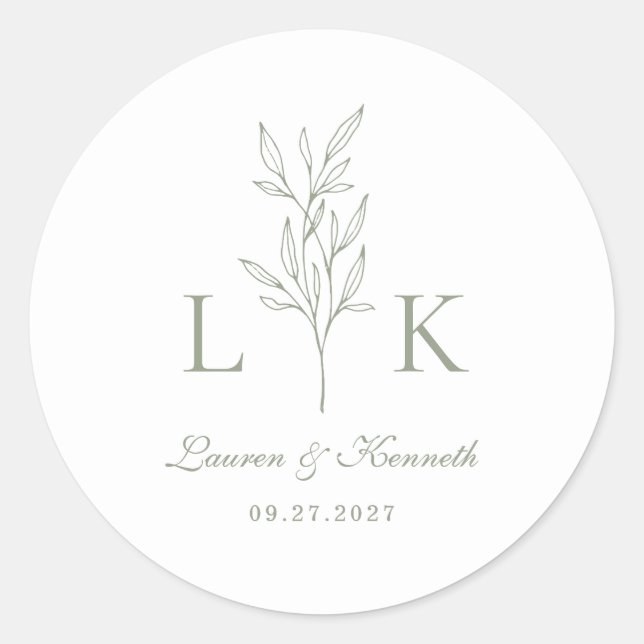 Sticker Rond Élégant Monogramme Feuille classique Mariage Sage  (Devant)