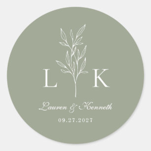 Sticker Rond Élégant Monogramme Feuille classique Mariage Sage 