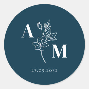 Sticker Rond Élégant, Monogramme, Fleur d'art linéaire, Mariage