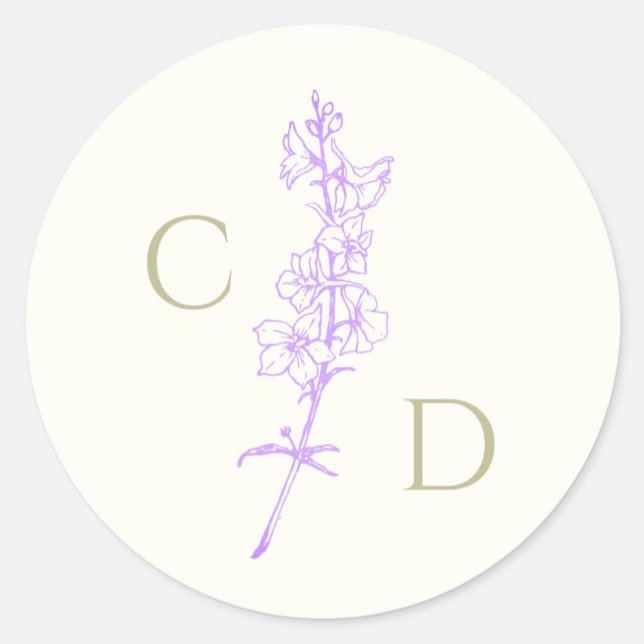 Sticker Rond Élégant Monogramme Fleur de Lavande Delphinium Flo (Créateur téléchargé)