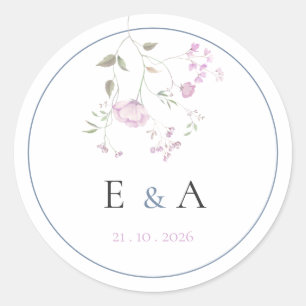 Sticker Rond Élégant Monogramme Fleurs Roses et Bleues de Maria