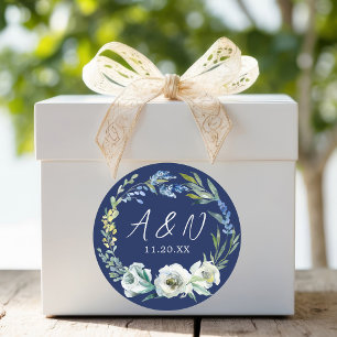 Sticker Rond Élégant Monogramme floral bleu marine Mariage d'hi