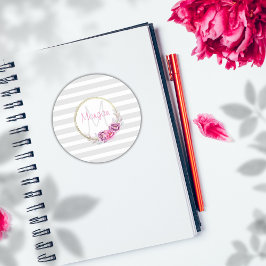 Sticker Rond Élégant Monogramme Floral Gris Rose