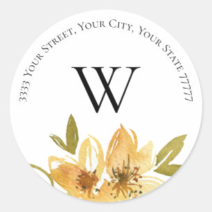 Sticker Rond Élégant Monogramme Floral Jaune Adresse de retour