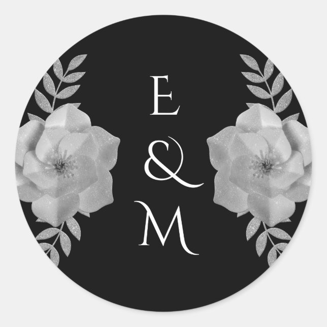 Sticker Rond Élégant Monogramme Floral Mariage Parties scintill (Devant)