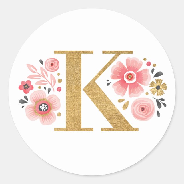 Sticker Rond Élégant Monogramme floral rose (Devant)