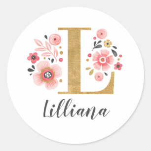 Sticker Rond Élégant Monogramme floral rose initial Lettre or L