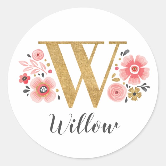 Sticker Rond Élégant Monogramme Floral rose Lettre initiale d'o (Devant)
