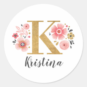 Sticker Rond Élégant Monogramme Floral Rose Lettre initiale K