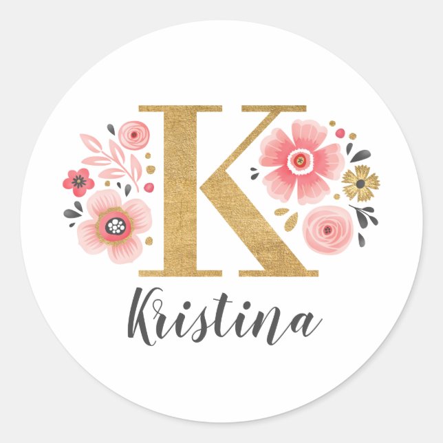 Sticker Rond Élégant Monogramme Floral Rose Lettre initiale K (Devant)