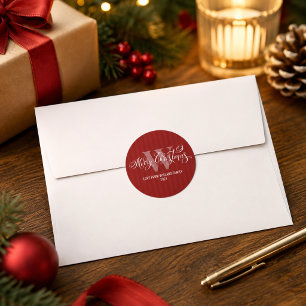 Sticker Rond Élégant Monogramme Joyeux Noël Calligraphie Rouge 