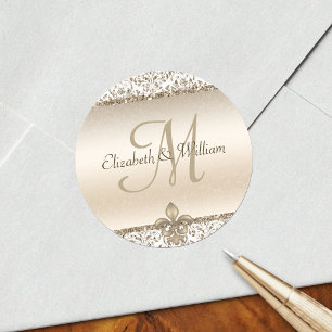 Sticker Rond Élégant Monogramme Mariage Champagne Fleur de Lis