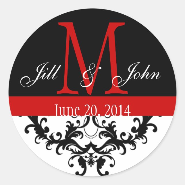 Sticker Rond Élégant Monogramme & Mariage rouge noir (Devant)
