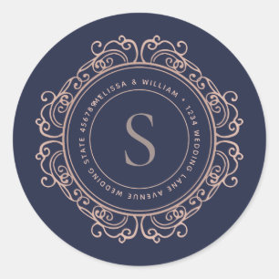 Sticker Rond Élégant Monogramme Marine Cuivre Blush Adresse Sce