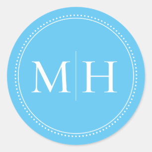 Sticker Rond Élégant Monogramme Minimal Bleu Ciel Bordure Point