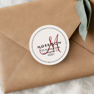 Sticker Rond Élégant monogramme moderne rouge cramoisi Adresse