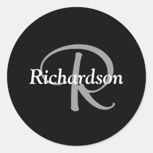 Sticker Rond Élégant Monogramme Noir Blanc et Gris Argent