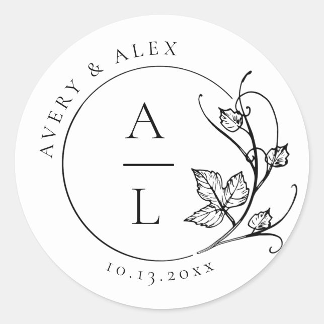 Sticker Rond Élégant Monogramme noir Mariage blanc (Devant)