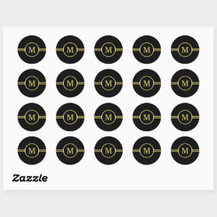 Sticker Rond Élégant Monogramme or sur noir