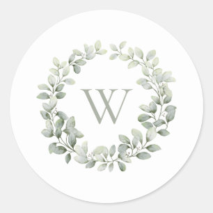 Sticker Rond Élégant Monogramme Première végétation Sage Foliag