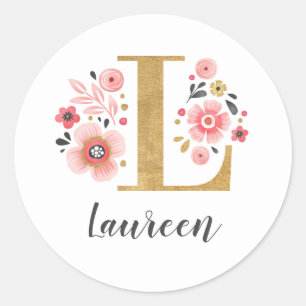 Sticker Rond Élégant Monogramme rose Floral Lettre initiale L
