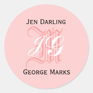 Sticker Rond Élégant monogramme rose, noir, blanc Mariage sceau