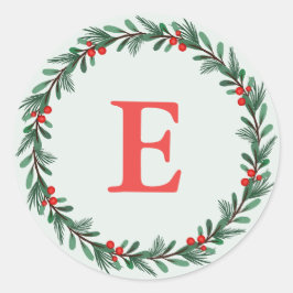 Sticker Rond Élégant Monogramme rouge vert couronne de Noël