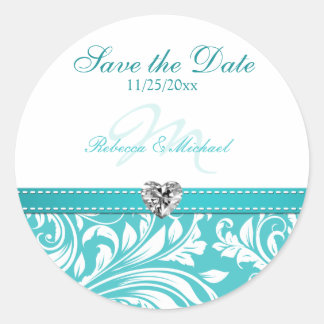 Sticker Rond Élégant Monogramme Turquoise Enregistrer le Mariag