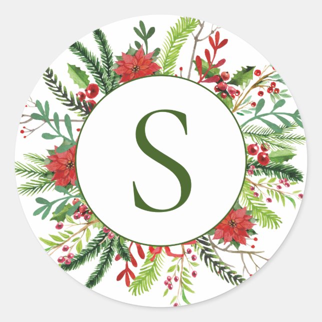 Sticker Rond Élégant Monogramme Vacances hiver Wreath (Devant)