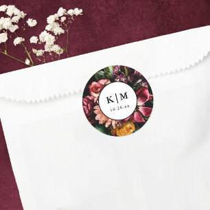 Sticker Rond Élégant + Moody Floral Mariage noir