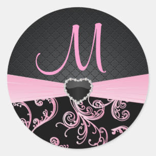 Sticker Rond Élégant motif floral noir et rose