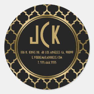 Sticker Rond Élégant Motif géométrique Quatrefoil noir & or