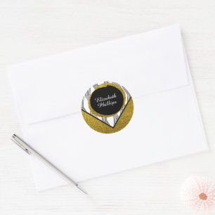 Sticker Rond Élégant motif zigzag noir et blanc avec paillettes