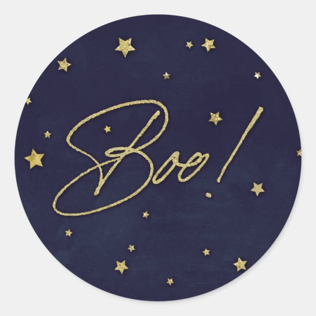 Sticker Rond Elégant Navy+Gold Scattered Stars Boo! Halloween (Devant)