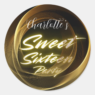 Sticker Rond Elégant néon or noir Retro Sweet 16e anniversaire