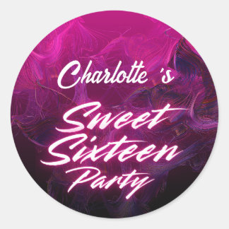 Sticker Rond Elégant néon rose noir rétro doux 16e anniversaire