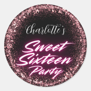 Sticker Rond Elégant néon rose noir rétro doux 16e anniversaire