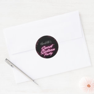 Sticker Rond Elégant néon rose noir rétro doux 16e anniversaire