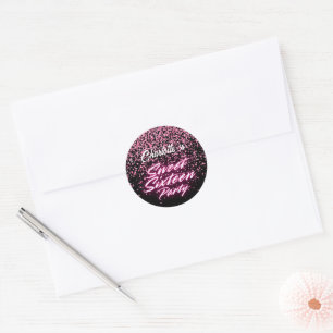 Sticker Rond Elégant néon rose noir rétro doux 16e anniversaire