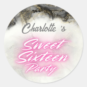 Sticker Rond Elégant néon rose noir rétro doux 16e anniversaire