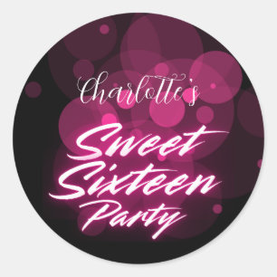 Sticker Rond Elégant néon rose noir rétro doux 16e anniversaire