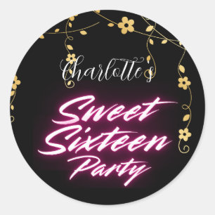 Sticker Rond Elégant néon rose noir rétro doux 16e anniversaire