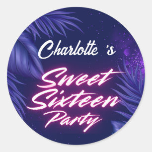 Sticker Rond Elégant néon rose noir rétro doux 16e anniversaire