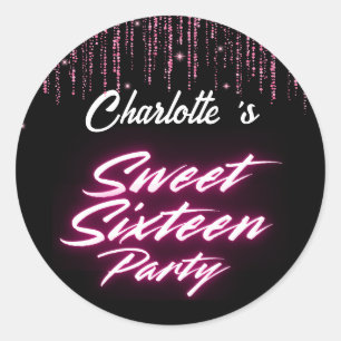Sticker Rond Elégant néon rose noir rétro doux 16e anniversaire