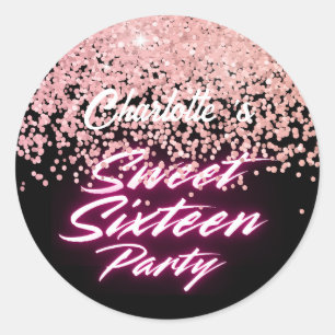 Sticker Rond Elégant néon rose noir rétro doux 16e anniversaire