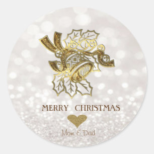 Sticker Rond Élégant Noël Fayu Gold Bell, Glittery Bokeh