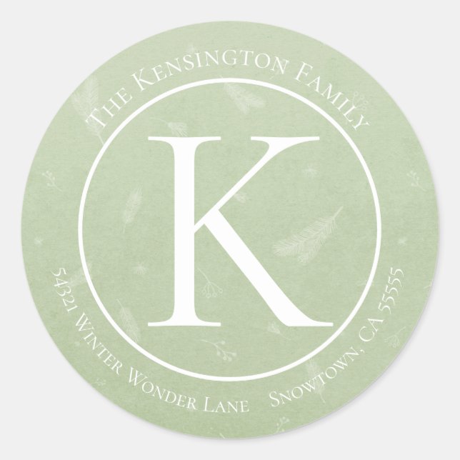 Sticker Rond Élégant Noël Monogram Pine Branches Adresse (Devant)