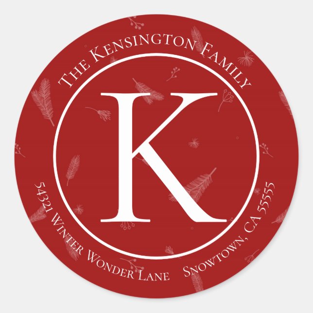 Sticker Rond Élégant Noël Monogram Pine Branches Adresse (Devant)